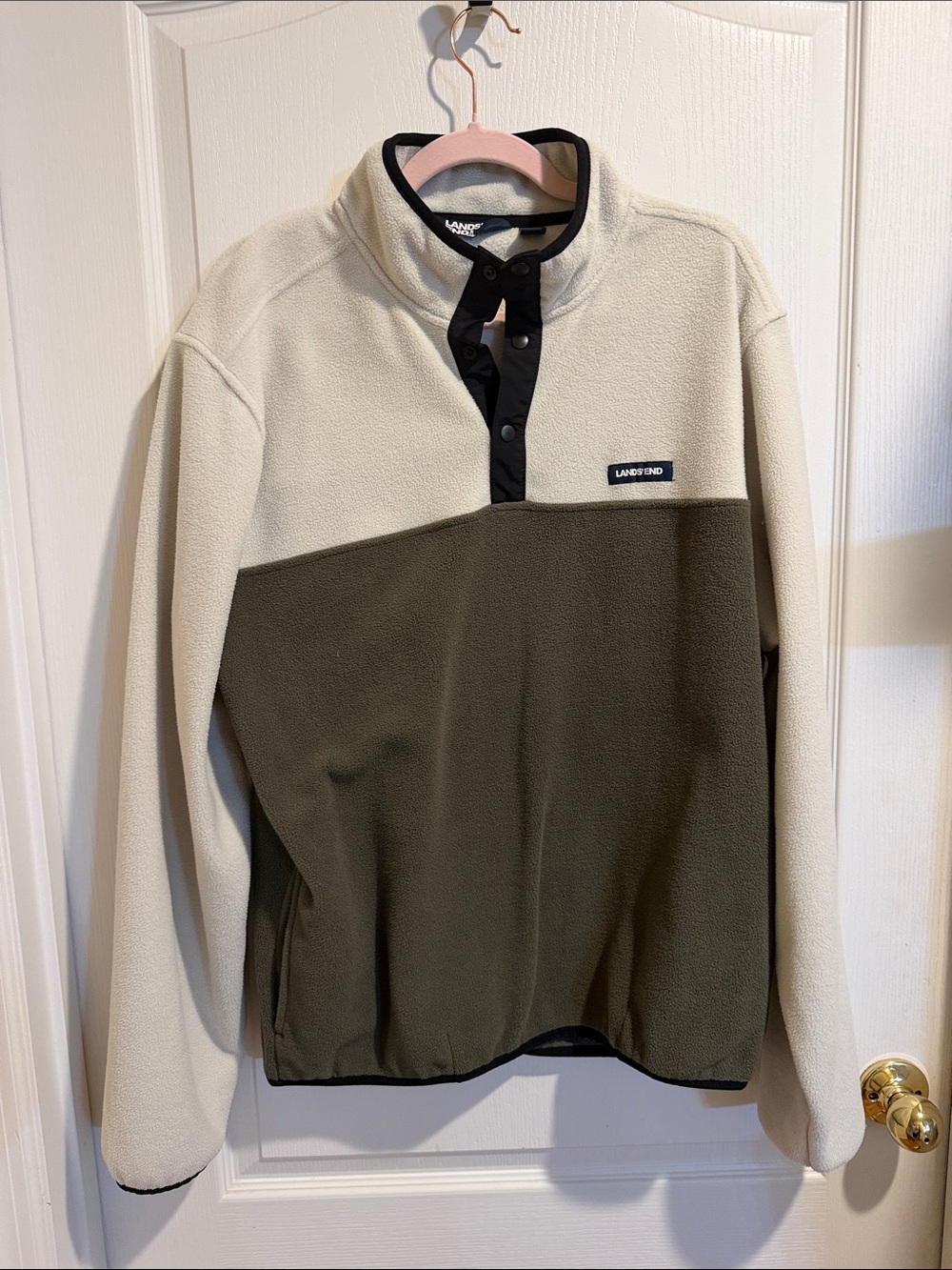 Lands' End Two-Tone Fleece Snap Pullover - Cream & Olive